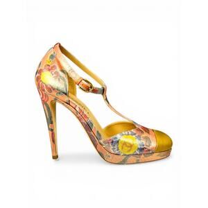 Chanel 2015 Cruise Floral Lamé T-Strap Pumps EU 38.5 Gold Cap Toe Platform Heels